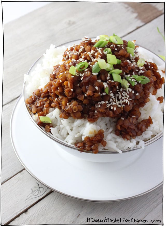 Sweet Korean Lentils. All the flavours of Korean BBQ made vegan and gluten free! Sweet and mildly spiced, just 15 minutes to make! #itdoesnttastelikechicken